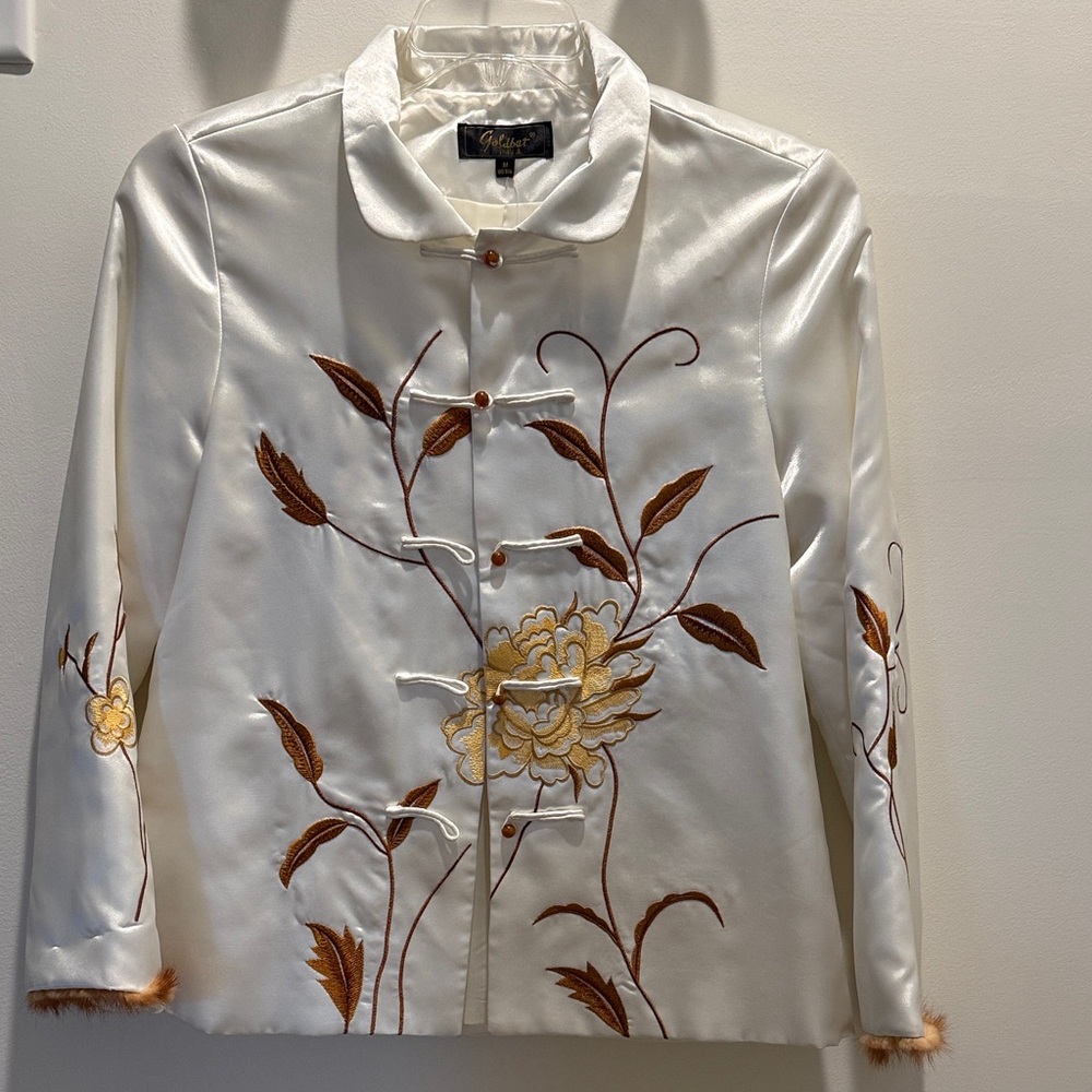 Cream Satin Embroidered Floral Jacket